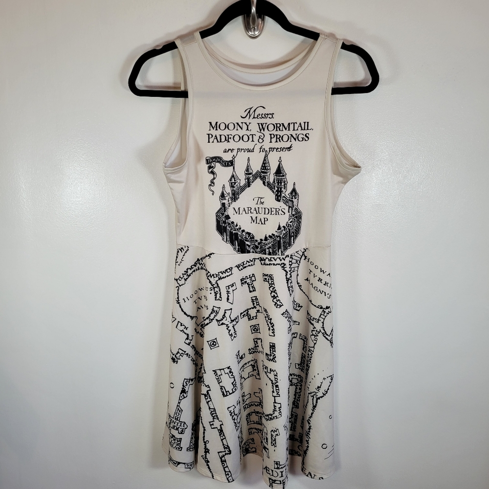 Harry Potter Marauder's Map Skater Dress Tank Style Tan/Black Small
